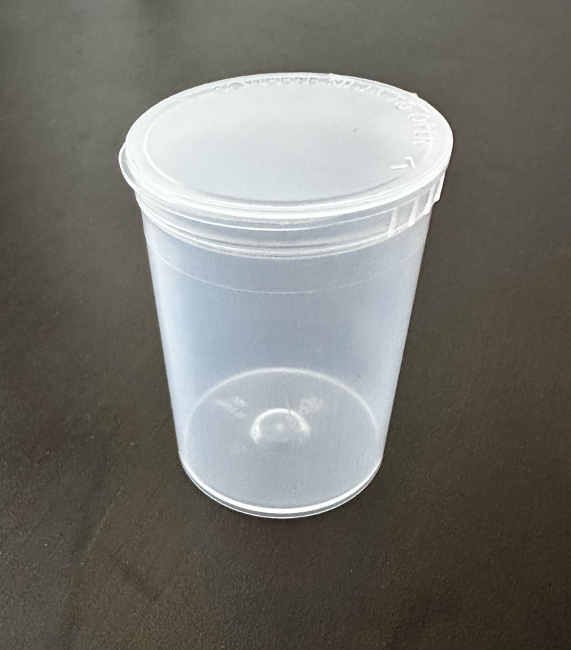 A clear plastic bottle with a pop top lid, designed for storing medical supplies and vitamins.